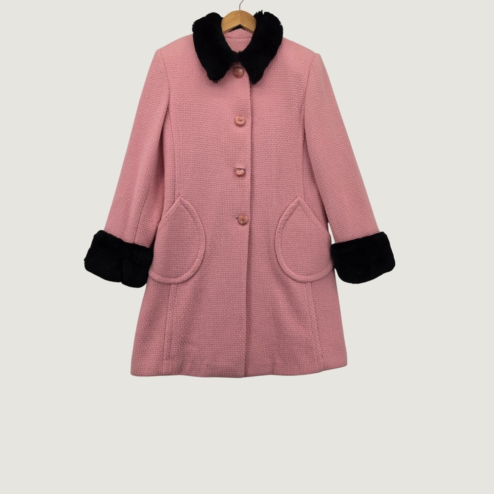 Vintage Marvin Richards Pink Wool Coat Faux Fur Trim Mod 60s Style Size 10 USA